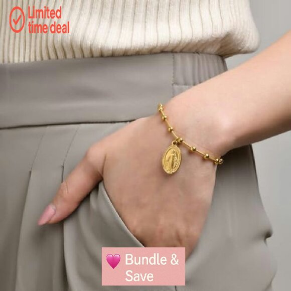 14k Gold Plated Virgin Mary Rosary Bracelet, Adjustable Stainless Steel - Picture 4 of 8